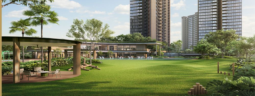 The Grand Lawn beneath the Classic Collection towers at Thomson Reserve, artist’s impression