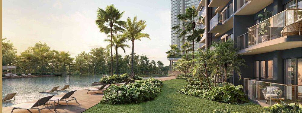 Ground level greenery and water at the Island Club at Thomson Reserve, artist’s impression